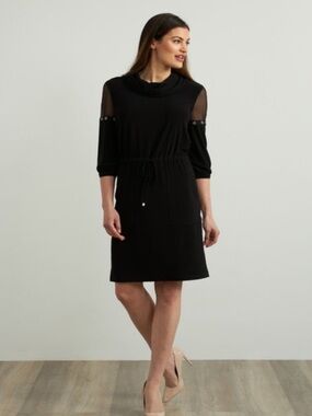 Joseph Ribkoff Black Drawstring Waist Mesh Sleeve Cowl Neck Shift Dress